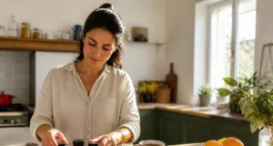 Slimpal avis : ce que révèlent les retours des utilisateurs Une bouteille de complément alimentaire sur une table de cuisine avec Slimpal avis et une tasse de thé