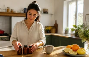 Slimpal avis : ce que révèlent les retours des utilisateurs Une bouteille de complément alimentaire sur une table de cuisine avec Slimpal avis et une tasse de thé