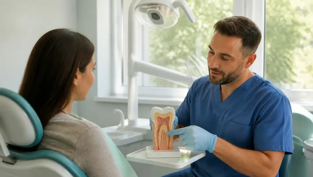 Patient et dentiste discutant de la symbolique émotionnelle des dents dans un cabinet lumineux