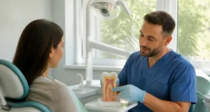 La symbolique émotionnelle des dents face aux soins réels Patient et dentiste discutant de la symbolique émotionnelle des dents dans un cabinet lumineux