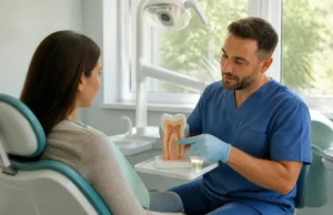 La symbolique émotionnelle des dents face aux soins réels Patient et dentiste discutant de la symbolique émotionnelle des dents dans un cabinet lumineux
