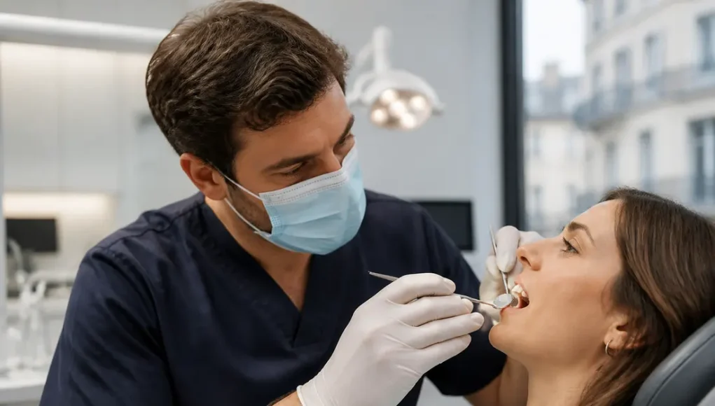 Un dentiste examine les dents d'un patient pour identifier une tache blanche sur les dents