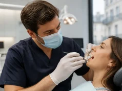 Taches blanches sur les dents : du white spot à la fluorose Un dentiste examine les dents d'un patient pour identifier une tache blanche sur les dents