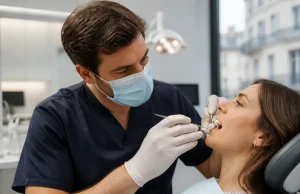Taches blanches sur les dents : du white spot à la fluorose Un dentiste examine les dents d'un patient pour identifier une tache blanche sur les dents