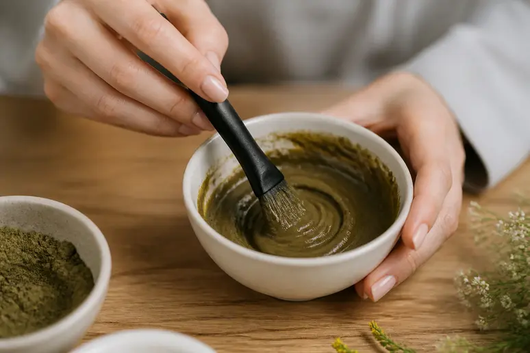 Préparation d'une teinture de sourcils naturelle à base de poudre végétale dans un bol en céramique.