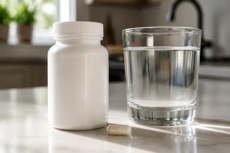 Flacon de complément alimentaire et gélule posés sur une table avec un verre d'eau