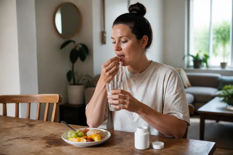 Personne prenant une gélule de complément alimentaire avec un verre d'eau pendant le repas